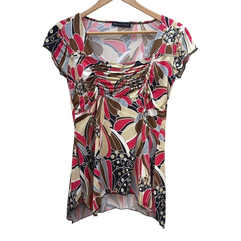 Vintage Y2K Babydoll Top Sz S Floral Short Sleeve Ruched Asymmetrical Hem Fall